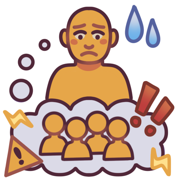 a person with a nervous expression thinking about a group of people. The thought bubble has a yellow warning triangle, yellow lightning bolts, and red exclamation points around it, and the person has two sweat marks beside their head.